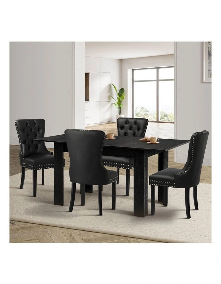 Oikiture 160cm Extendable Dining Table with 4PCS Dining Chairs PU Leather Black image 4