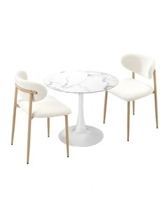 Oikiture 60cm Round Dining Table with 2x Dining Chairs Boucle White