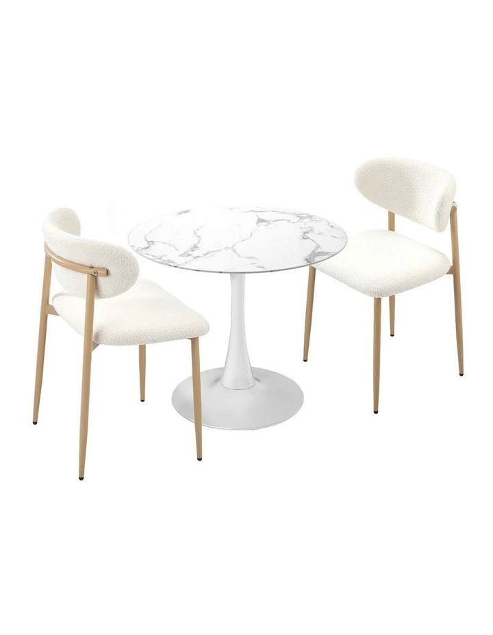 Oikiture 60cm Round Dining Table with 2x Dining Chairs Boucle White image 1
