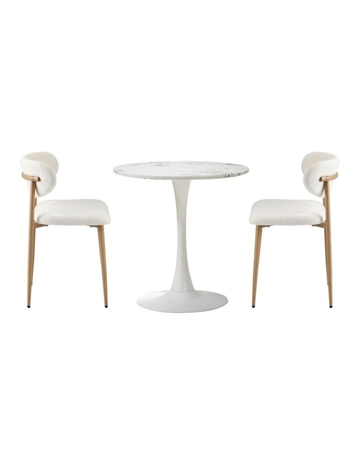 Oikiture 60cm Round Dining Table with 2x Dining Chairs Boucle White image 2