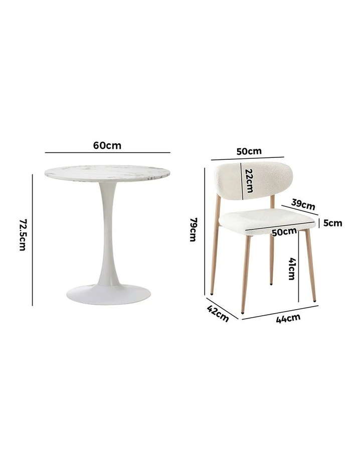 Oikiture 60cm Round Dining Table with 2x Dining Chairs Boucle White image 3