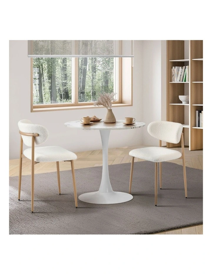 Oikiture 60cm Round Dining Table with 2x Dining Chairs Boucle White image 5