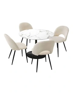 Oikiture 90cm Round Dining Table with 4PCS Dining Chairs Sherpa White