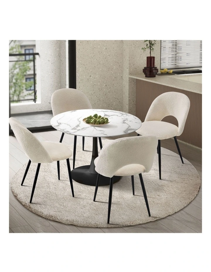Oikiture 90cm Round Dining Table with 4PCS Dining Chairs Sherpa White image 4