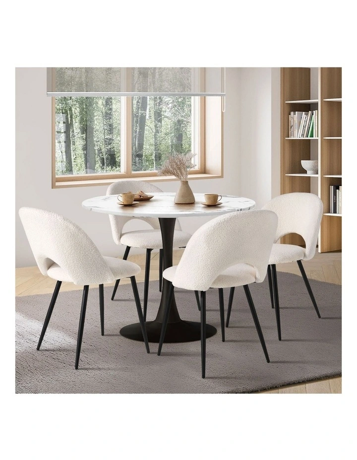 Oikiture 90cm Round Dining Table with 4PCS Dining Chairs Sherpa White image 5
