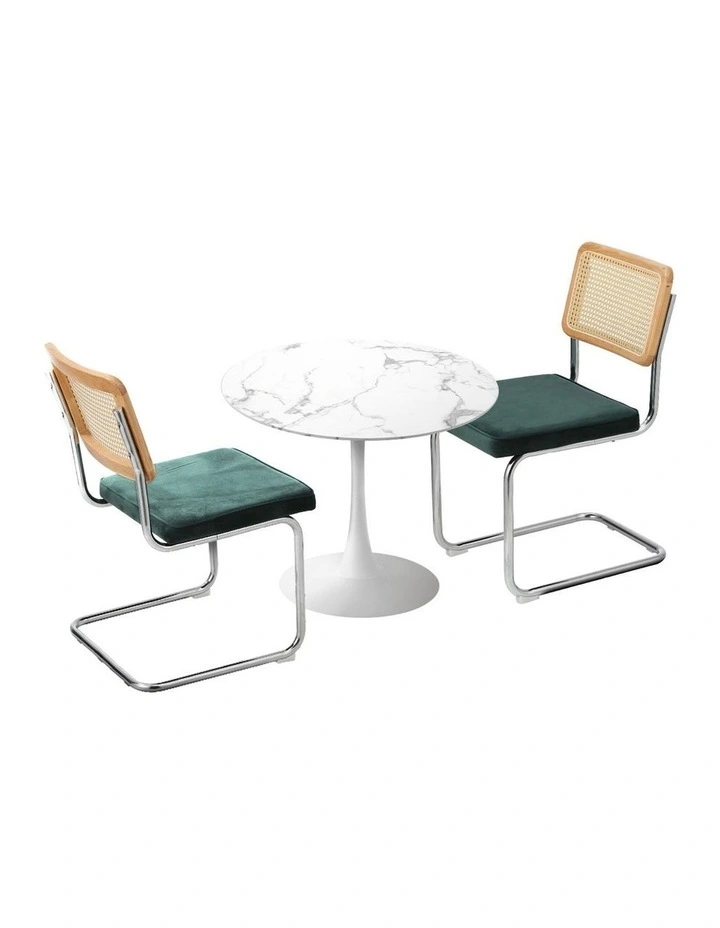 Oikiture 60cm Round Dining Table with 2PCS Dining Chairs Velvet White&Green image 1
