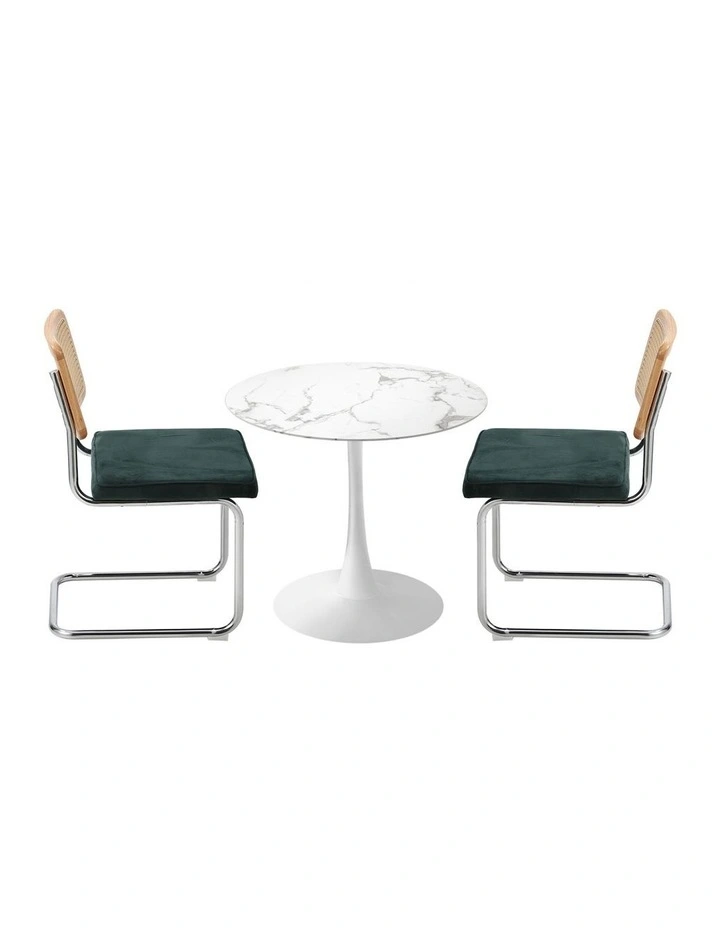 Oikiture 60cm Round Dining Table with 2PCS Dining Chairs Velvet White&Green image 2