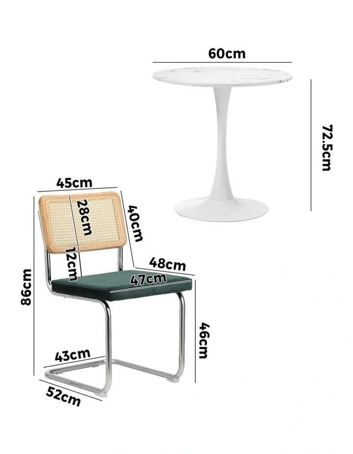 Oikiture 60cm Round Dining Table with 2PCS Dining Chairs Velvet White&Green image 3