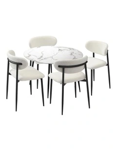 Oikiture 110cm Round Dining Table with 4x Dining Chairs Boucle Black&White