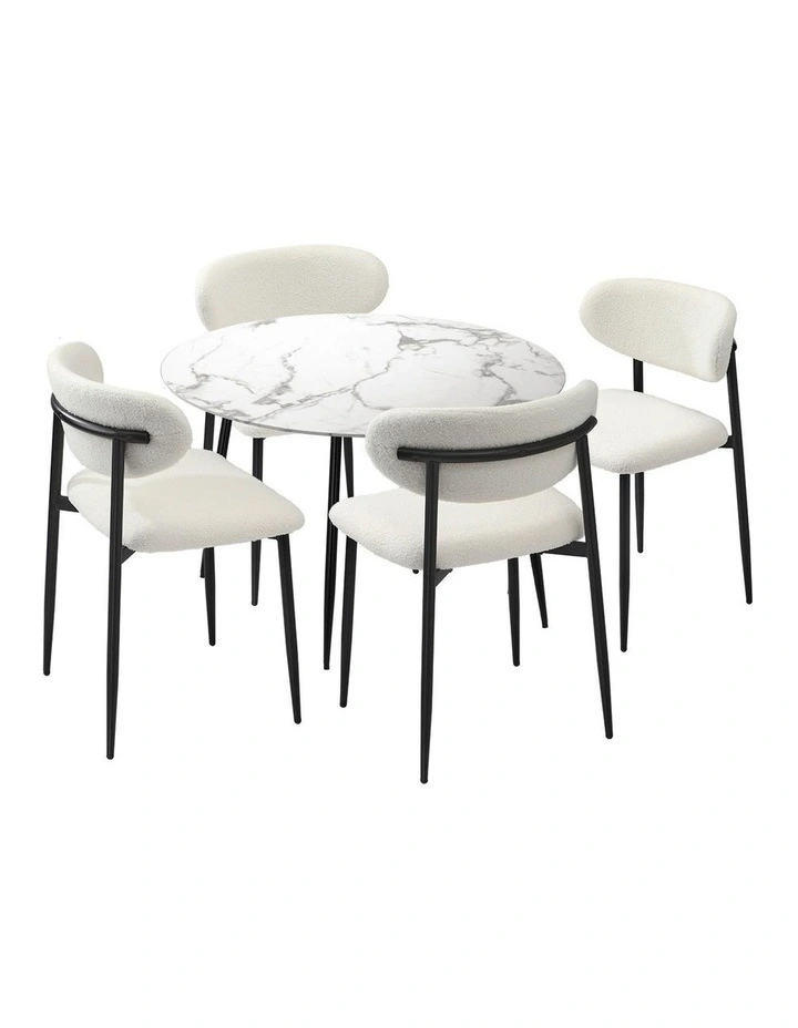 Oikiture 110cm Round Dining Table with 4x Dining Chairs Boucle Black&White image 1