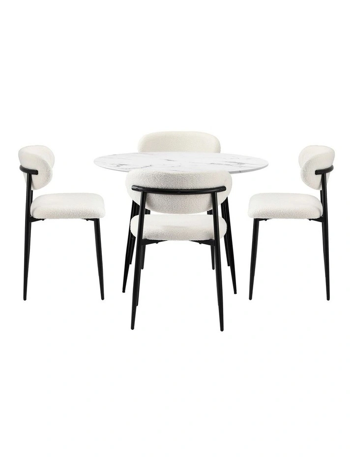 Oikiture 110cm Round Dining Table with 4x Dining Chairs Boucle Black&White image 2
