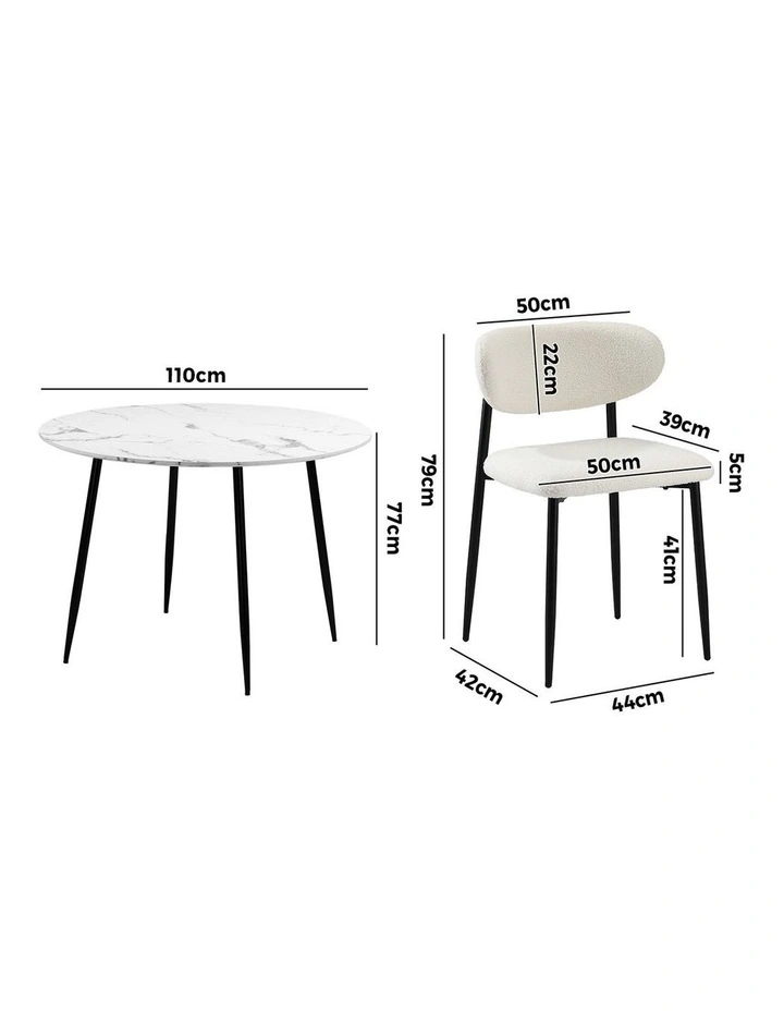 Oikiture 110cm Round Dining Table with 4x Dining Chairs Boucle Black&White image 3