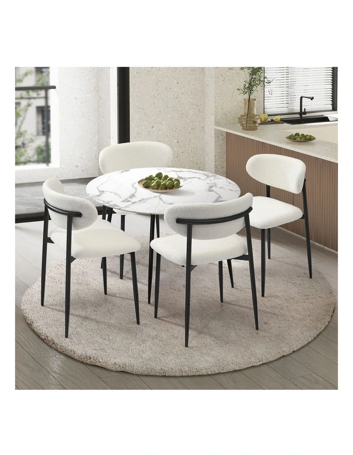 Oikiture 110cm Round Dining Table with 4x Dining Chairs Boucle Black&White image 4