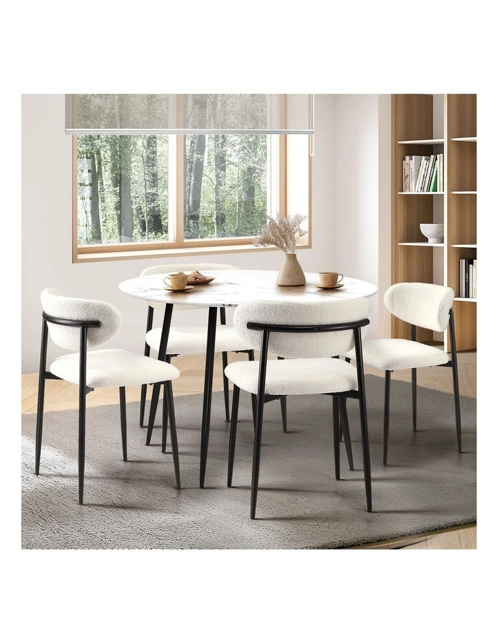 Oikiture 110cm Round Dining Table with 4x Dining Chairs Boucle Black&White image 5