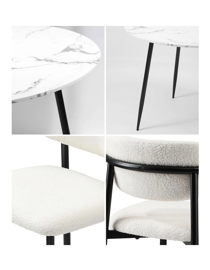 Oikiture 110cm Round Dining Table with 4x Dining Chairs Boucle Black&White image 7