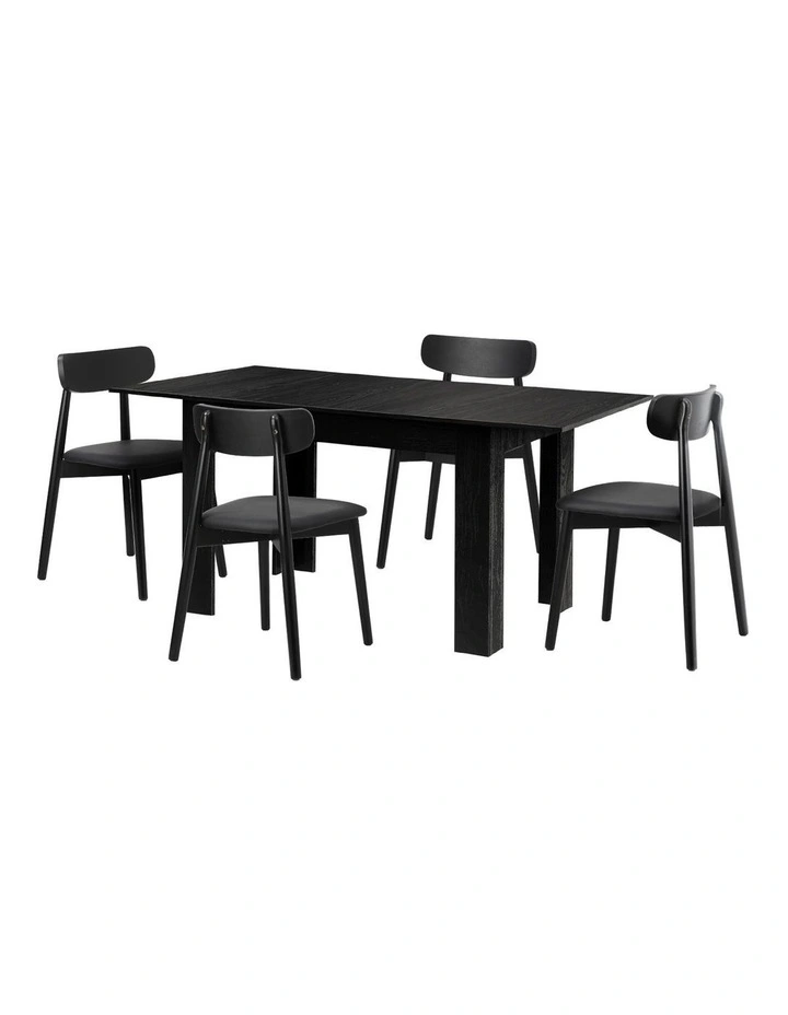 Oikiture 160cm Extendable Dining Table with 4x Dining Chairs PU Leather Black image 1