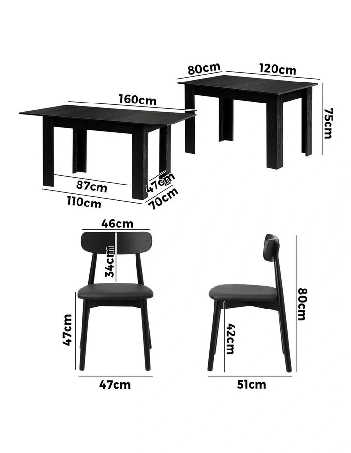 Oikiture 160cm Extendable Dining Table with 4x Dining Chairs PU Leather Black image 3