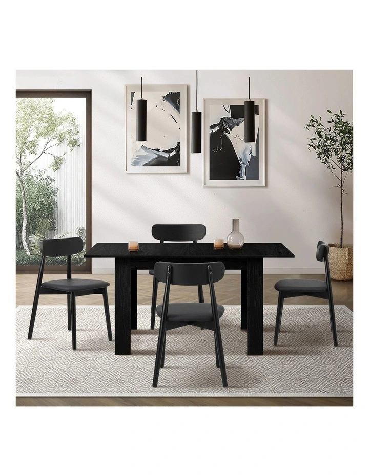 Oikiture 160cm Extendable Dining Table with 4x Dining Chairs PU Leather Black image 5