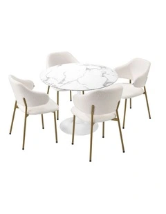 Oikiture 90cm Round Dining Table with 4x Dining Chairs Sherpa Gold&White