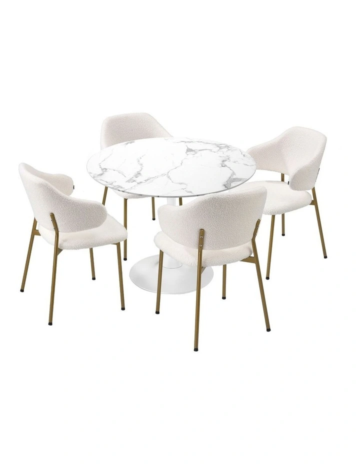 Oikiture 90cm Round Dining Table with 4x Dining Chairs Sherpa Gold&White image 1
