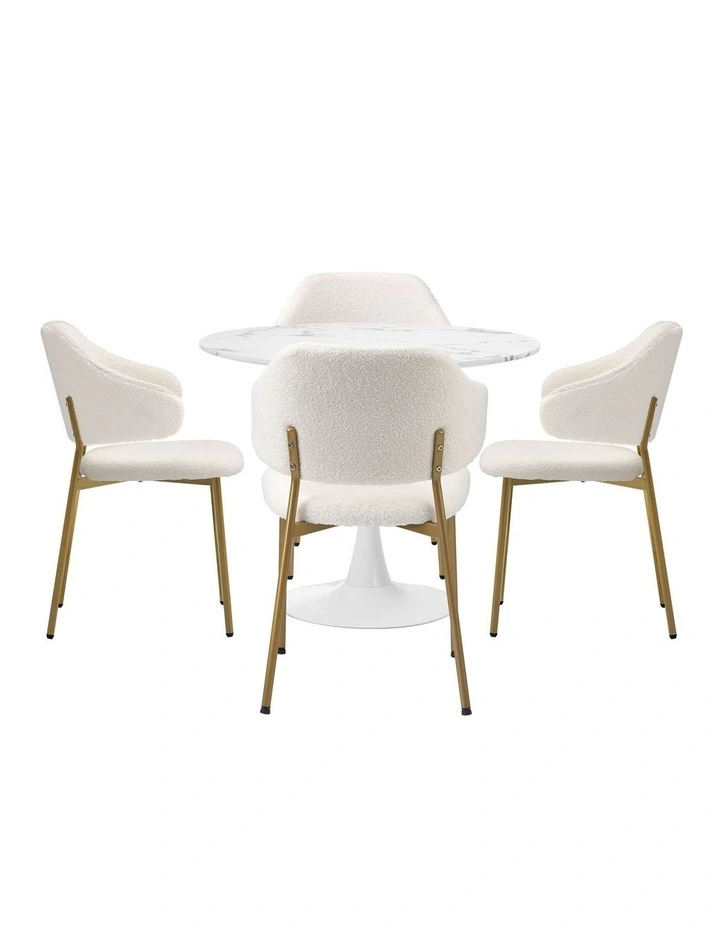 Oikiture 90cm Round Dining Table with 4x Dining Chairs Sherpa Gold&White image 2
