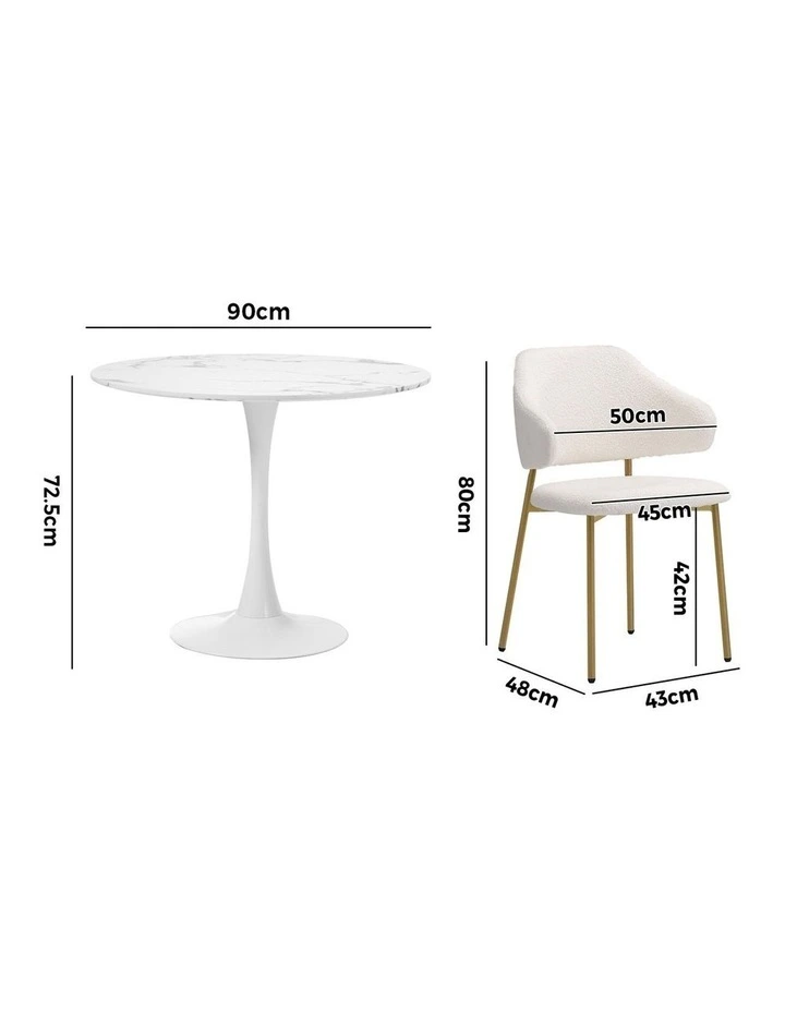 Oikiture 90cm Round Dining Table with 4x Dining Chairs Sherpa Gold&White image 3