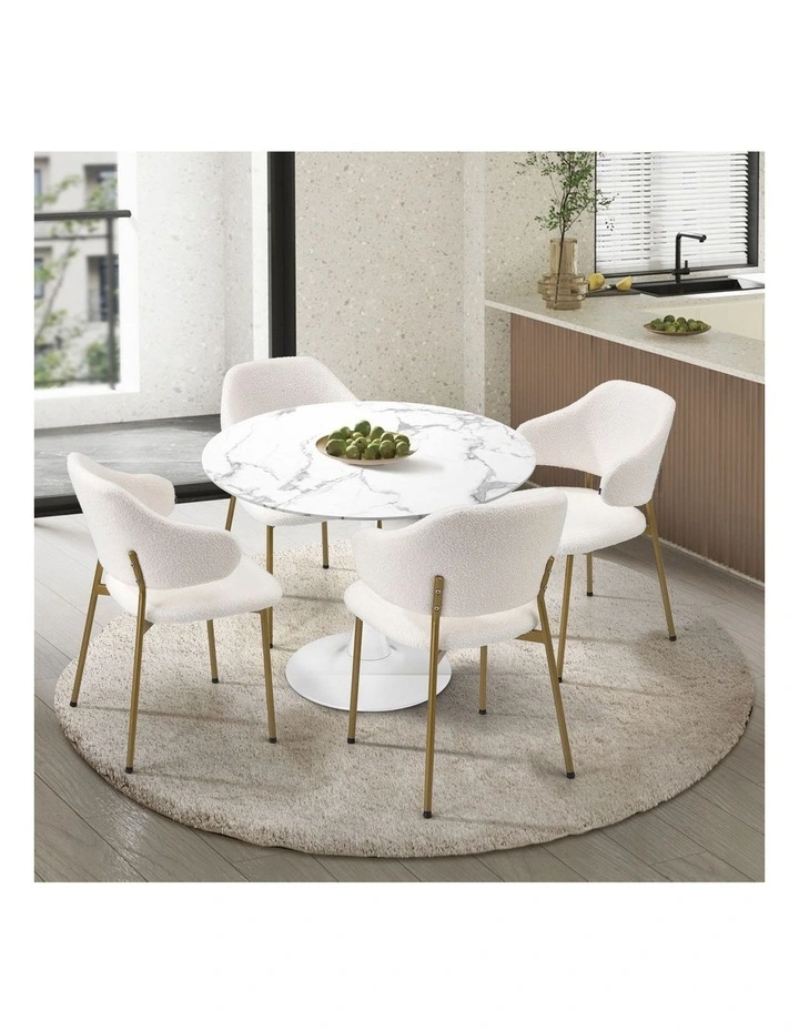 Oikiture 90cm Round Dining Table with 4x Dining Chairs Sherpa Gold&White image 4