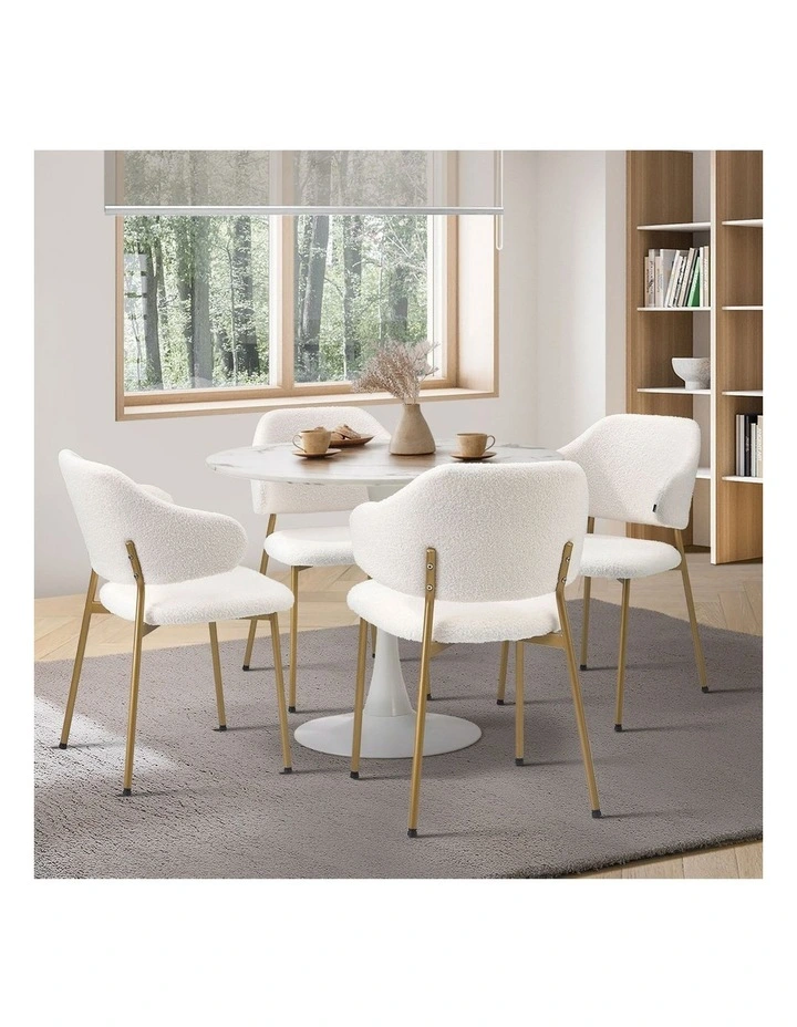 Oikiture 90cm Round Dining Table with 4x Dining Chairs Sherpa Gold&White image 5