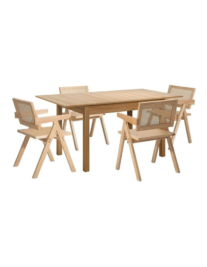 Oikiture 5pc Extenable Dining Table and Chairs Wooden Dining Set Ratten Natural image 1