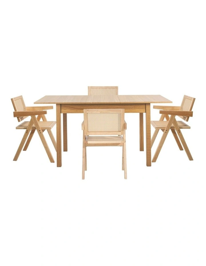 Oikiture 5pc Extenable Dining Table and Chairs Wooden Dining Set Ratten Natural image 2