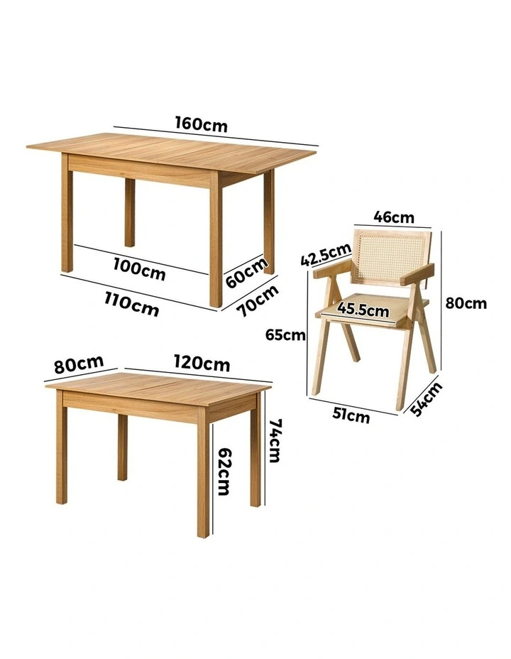 Oikiture 5pc Extenable Dining Table and Chairs Wooden Dining Set Ratten Natural image 3