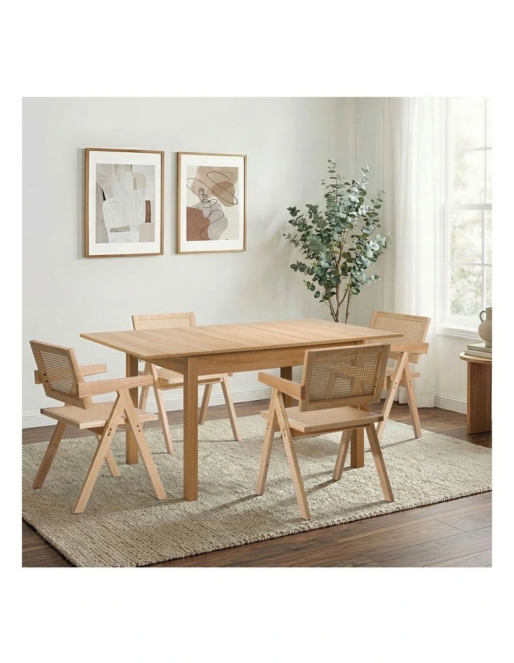 Oikiture 5pc Extenable Dining Table and Chairs Wooden Dining Set Ratten Natural image 4