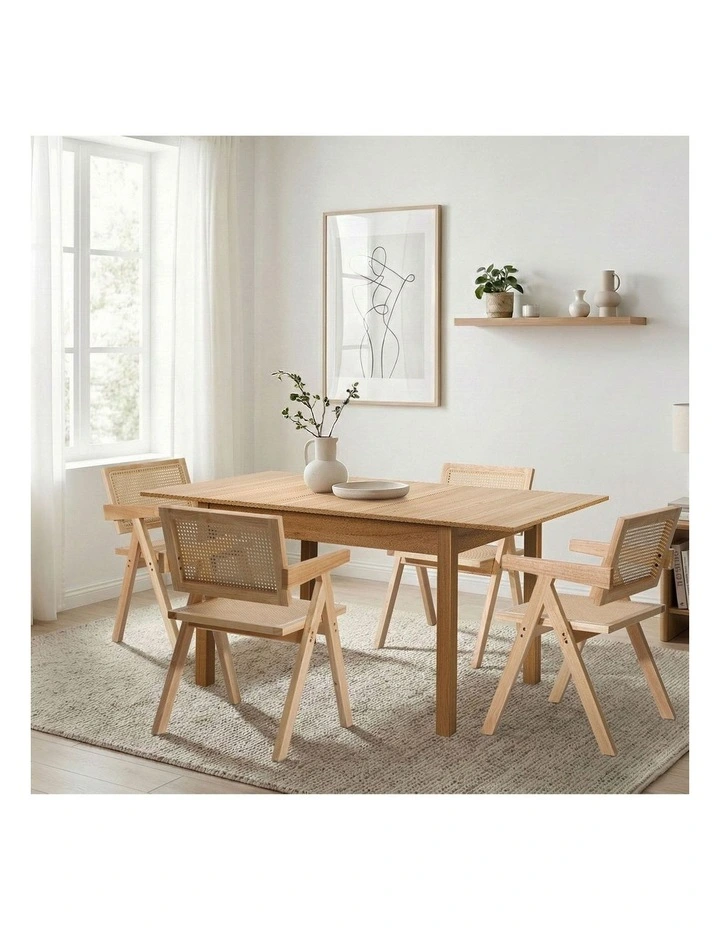 Oikiture 5pc Extenable Dining Table and Chairs Wooden Dining Set Ratten Natural image 5