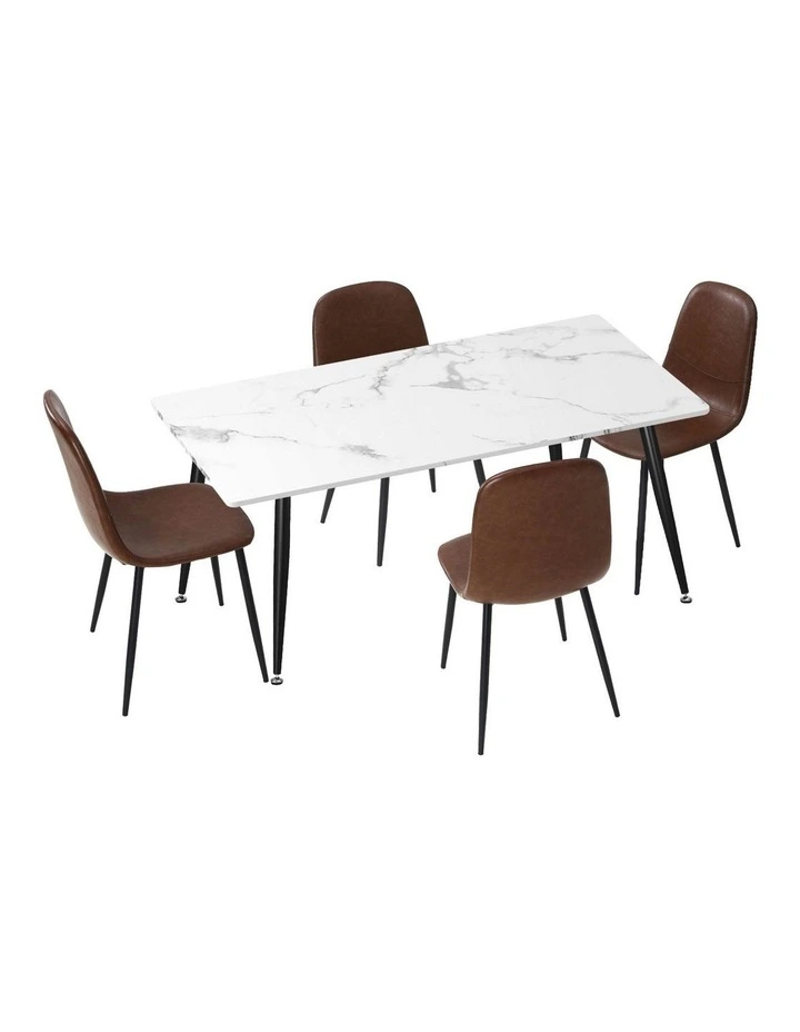 Oikiture 120cm Rectangle Dining Table with 4PCS Dining Chairs PU Brown image 1