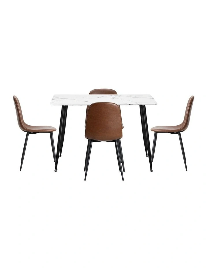 Oikiture 120cm Rectangle Dining Table with 4PCS Dining Chairs PU Brown image 2
