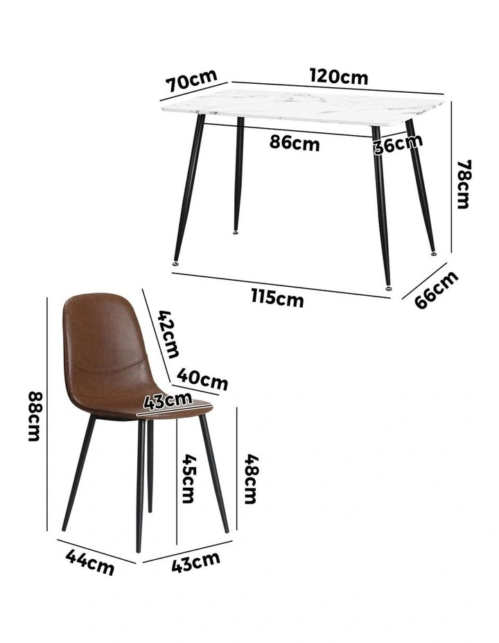 Oikiture 120cm Rectangle Dining Table with 4PCS Dining Chairs PU Brown image 3