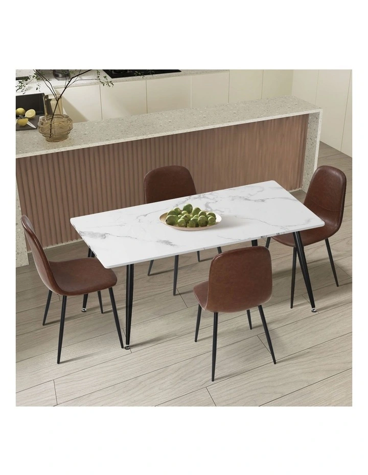 Oikiture 120cm Rectangle Dining Table with 4PCS Dining Chairs PU Brown image 4