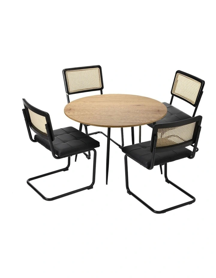 Oikiture 110cm Round Dining Table with 4PCS Dining Chairs Leather Padded Black image 1