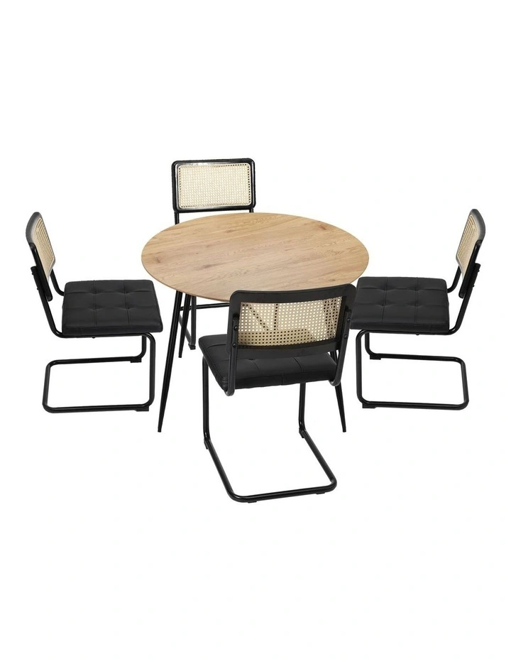 Oikiture 110cm Round Dining Table with 4PCS Dining Chairs Leather Padded Black image 2