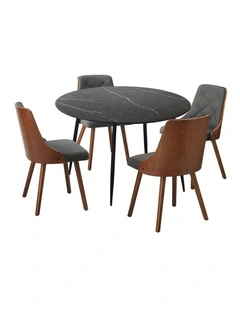Oikiture 110cm Round Dining Table with 4PCS Dining Chairs Faux Linen Grey