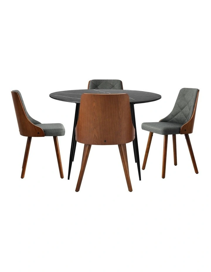 Oikiture 110cm Round Dining Table with 4PCS Dining Chairs Faux Linen Grey image 2
