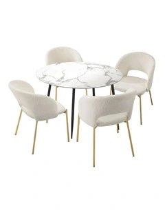 Oikiture 110cm Round Dining Table with 4PCS Dining Chairs Sherpa Gold