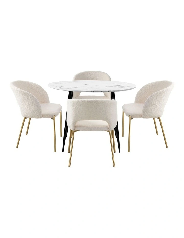 Oikiture 110cm Round Dining Table with 4PCS Dining Chairs Sherpa Gold image 2