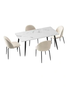 Oikiture 120cm Rectangle Dining Table with 4PCS Dining Chairs Sherpa White