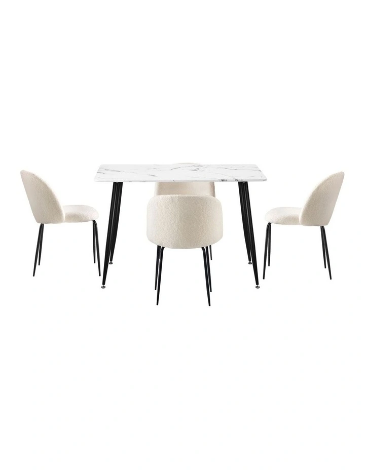 Oikiture 120cm Rectangle Dining Table with 4PCS Dining Chairs Sherpa White image 4