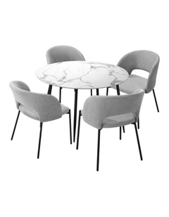 Oikiture 110cm Round Dining Table and 4PCS Dining Chairs Fabric Grey