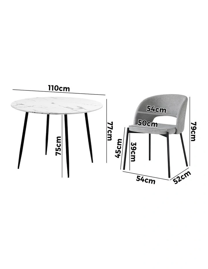 Oikiture 110cm Round Dining Table and 4PCS Dining Chairs Fabric Grey image 3