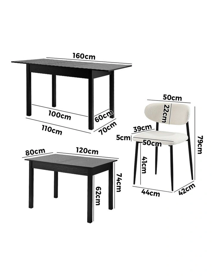 Oikiture 5pc Extenable Dining Table and Chairs Wooden Dining Set Boucle Black image 3