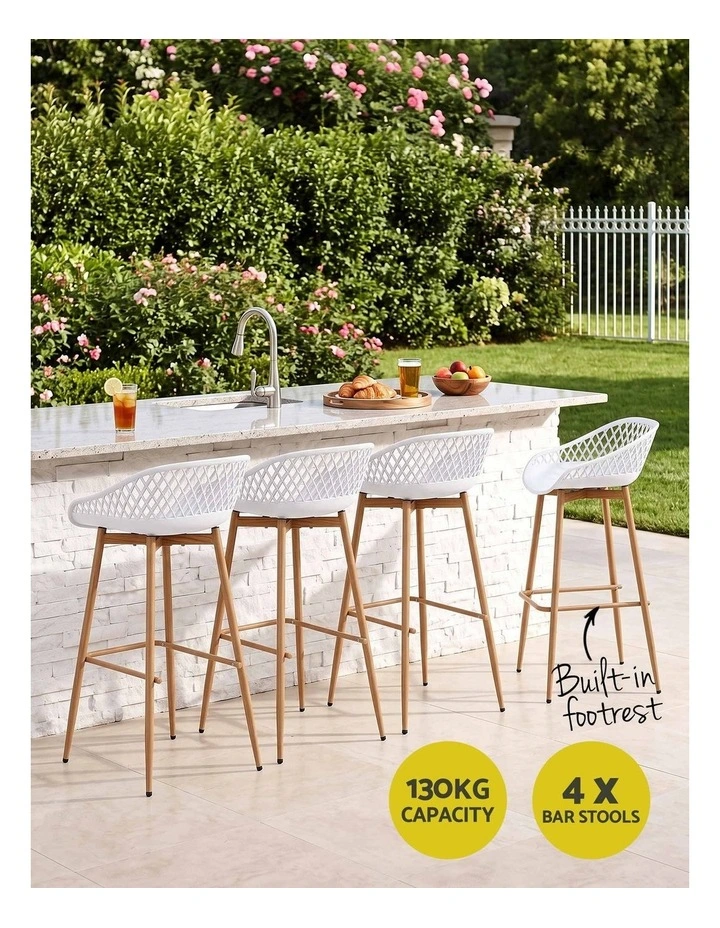 Gardeon Set of 4 Outdoor Bar Stools Plastic Metal Patio Dining Chairs White image 4