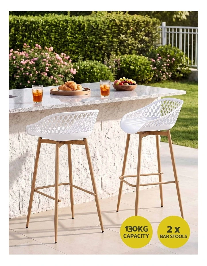 Gardeon Set of 2 Outdoor Bar Stools Plastic Metal Patio Dining Chairs White image 4